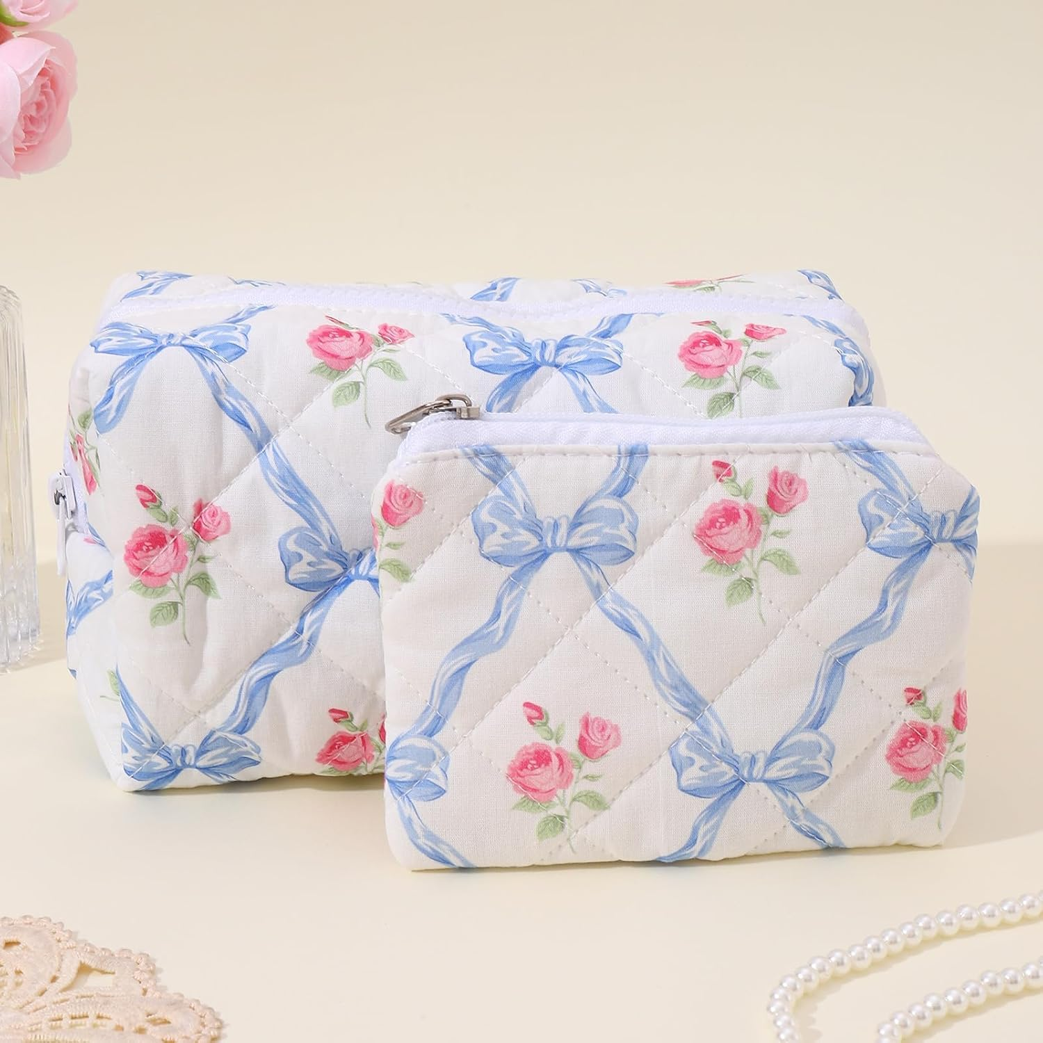 LYDZTION 2PCS Cute Quilted Makeup Bag for Women, Floral Makeup Bag Cosmetic Bag Pouch Coquette Bow Small Makeup Bags Aesthetic Stuff Travel Essentials for Women, Blue - Blue image number 5