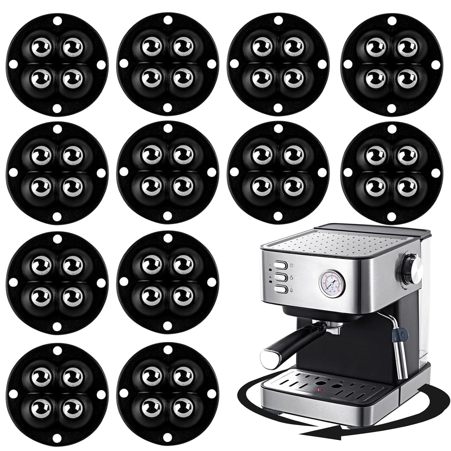 3 Set Self Adhesive Mini Caster Wheels 360 Degree Rotation Sticky Pulley Stainless Steel Universal Wheel with Bearing Roller Casters for Furniture Storage Box Trash Can Bins Bottom Moving (Black)