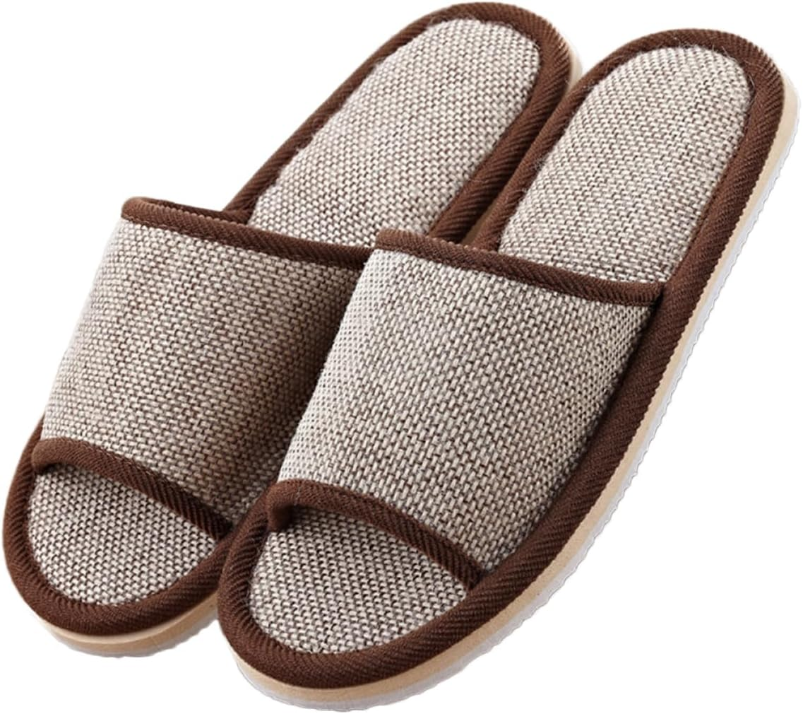 CLISPEED 2Pairs Linen Slippers for Home Hotel Non- Eva Bottom Lightweight Comfortable Footwear Dark Coffee image number 6