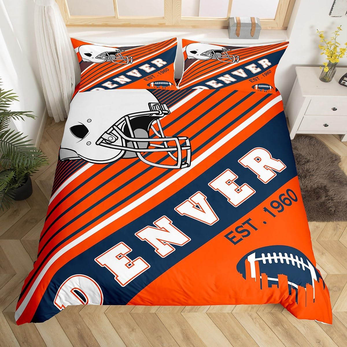 Erosebridal Sports Football Duvet Cover White and Sky Blue Rugby Helmet Bedding Set Twin, American Football City Themed Comforter Cover Retro 3D Ball Game Quilt Cover with 1 Pillowcase(Detroit)