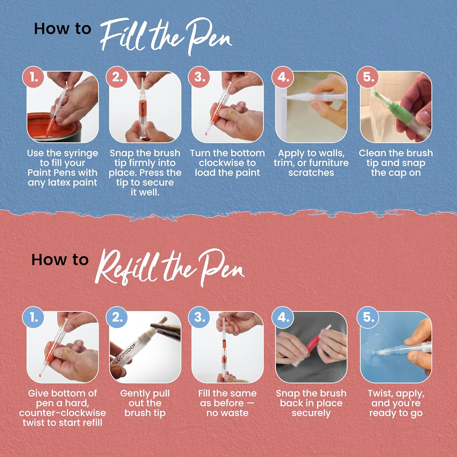 Slobproof Refillable Touch-Up Paint Pen, Mess-Free, Reusable Wall Paint Repair Tool, Precise Application, DIY Home Improvement, Furniture, Arts and Crafts, Patented Design, Easy Storage, Pack of 2