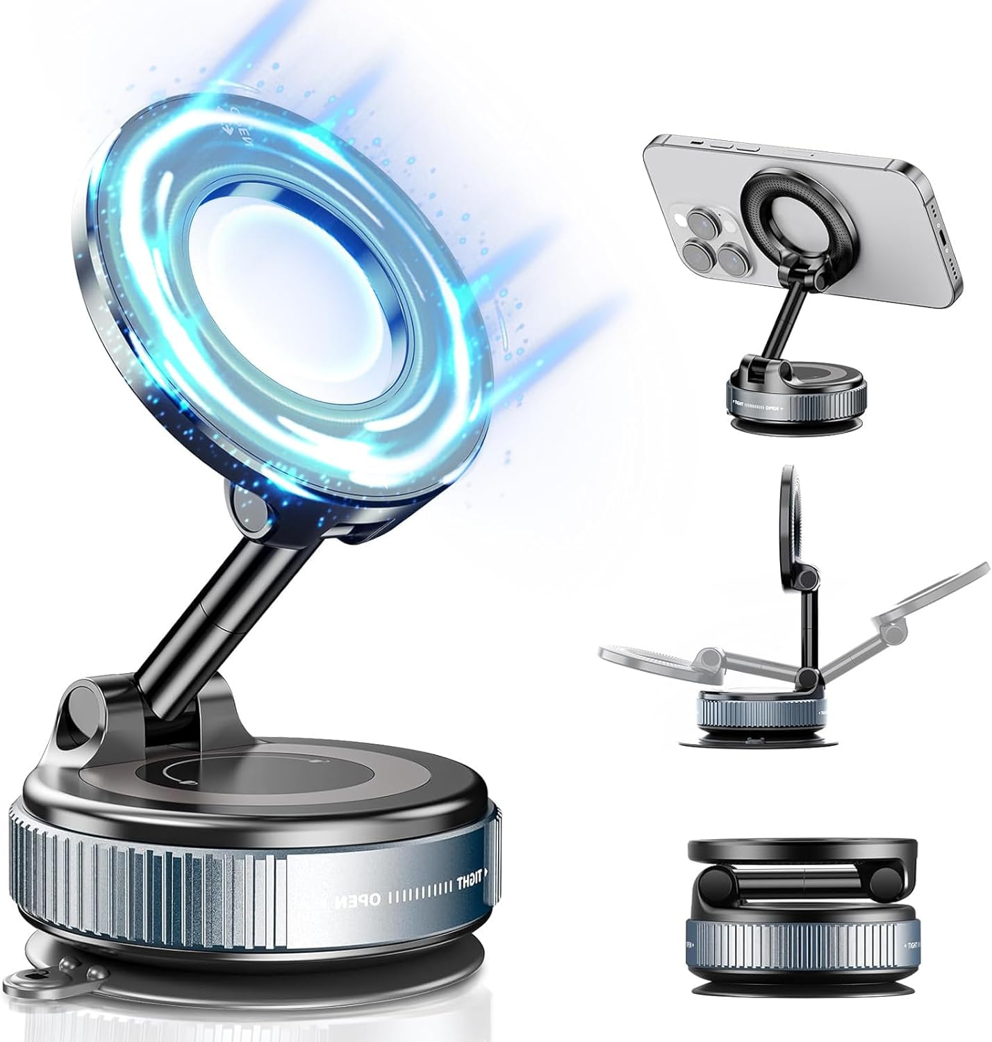 Car Phone Holder,360&deg; Magnetic Car Phone Holder Mount - Super Strong Vacuum Suction, Foldable & Adjustable for Most Mobile Phones, Dashboard/Windshield/Gym Use (Color：Black) image number 3