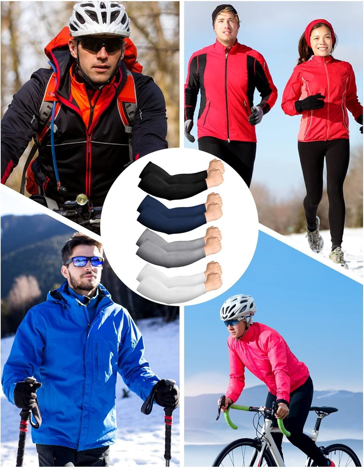 4 Pairs Thermal Arm Warmer Winter Arm Sleeve Cycling Thermal Sleeves Compression Running Arm Warmers Sleeves for Men Women - Black, Dark Gray image number 2