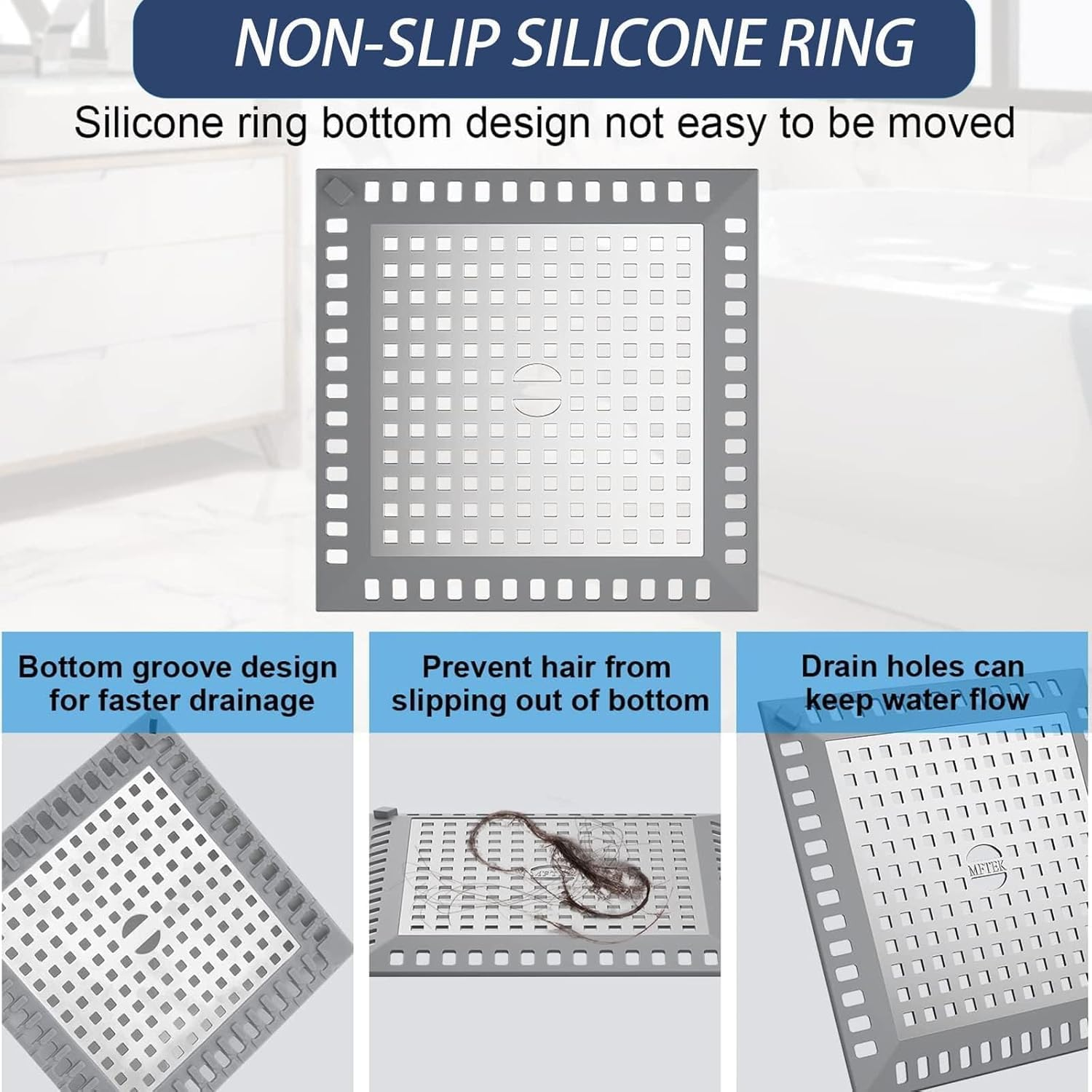 Pacum Shower Drain Hair Catcher, Shower Drain Cover 12 X 12 Cm Shower Strainer Shower Stall Protector Stainless Steel and Silicone for Bathroom, Bathtub, Shower Drain, Kitchen Sink image number 1