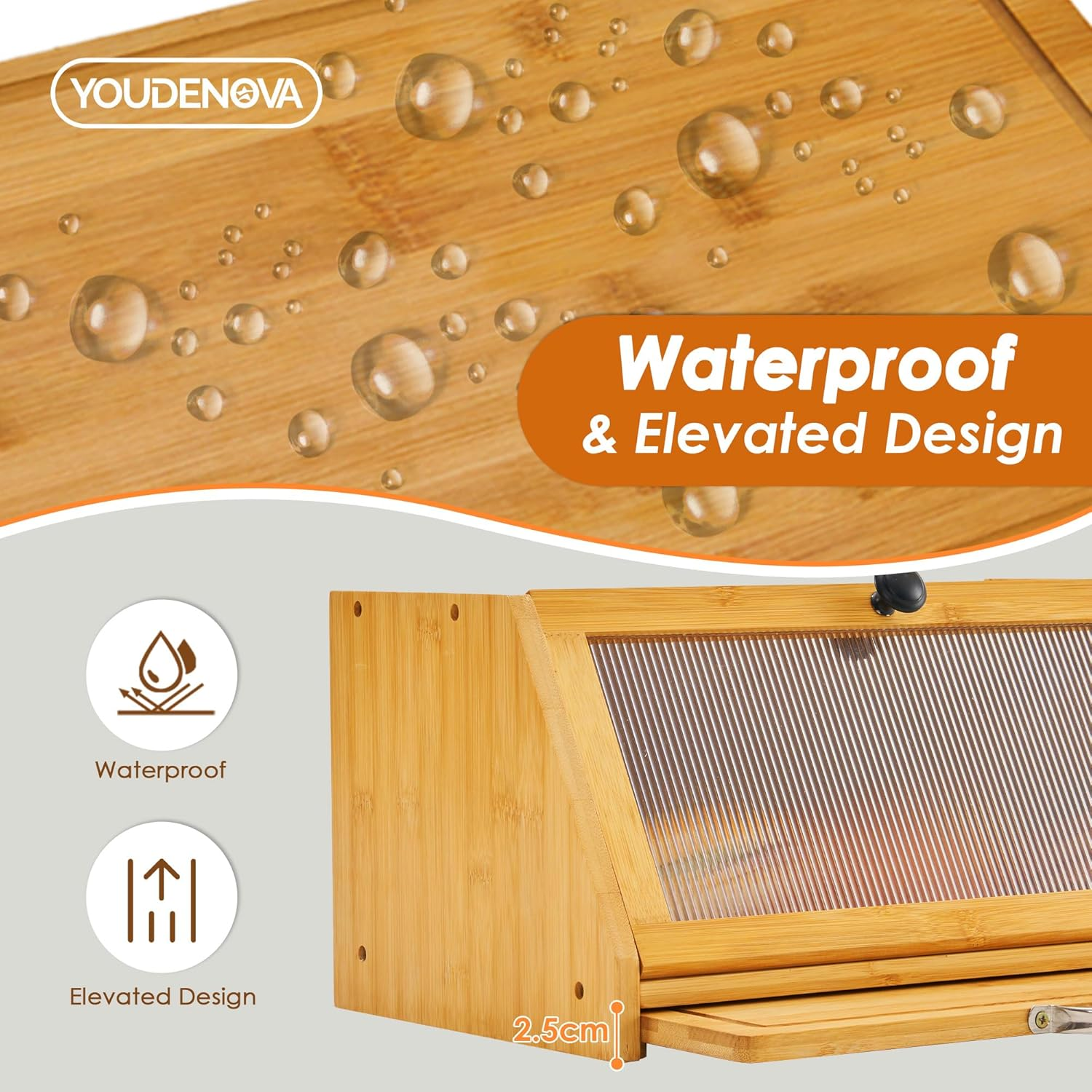 YOUDENOVA Bread Bin with Chopping Board, Bamboo Storage Box, Wooden Bread Basket Boxes Storage Bread Box for Bread, Salt and Pepper Mill, 39 X 25 X 20 Cm (L X W X H), Natural image number 4