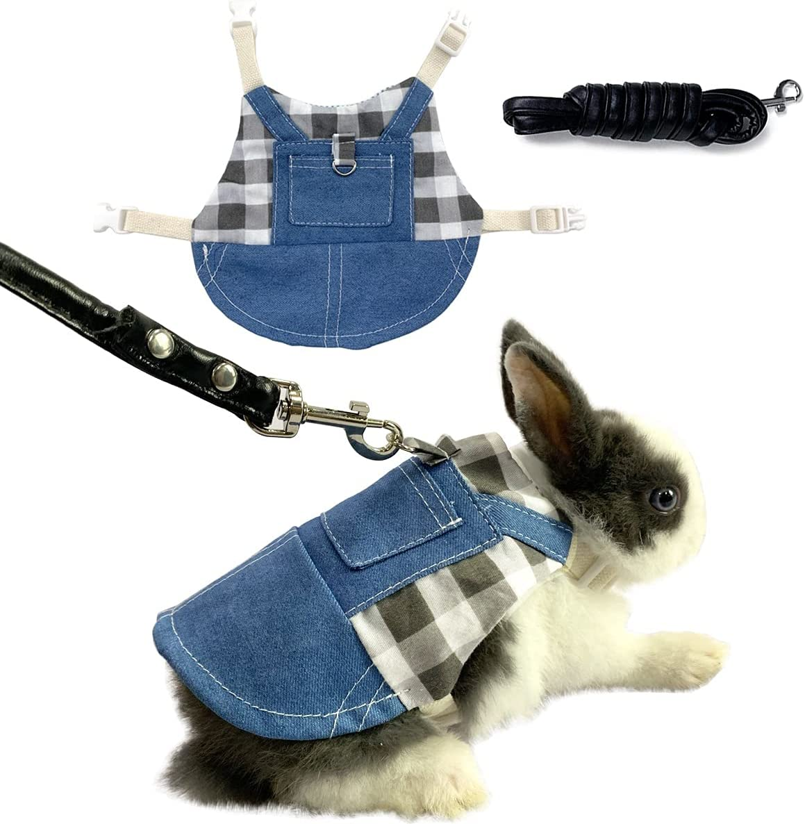 Vehomy Rabbit Harness and Leash Small Animal Clothes for Rabbit Guinea Pig, Bunny Plaid Harness Leash Guinea Pig Blue Denim Black and White Plaid Dress for Kitten Chihuahua and Other Small Animals L image number 6