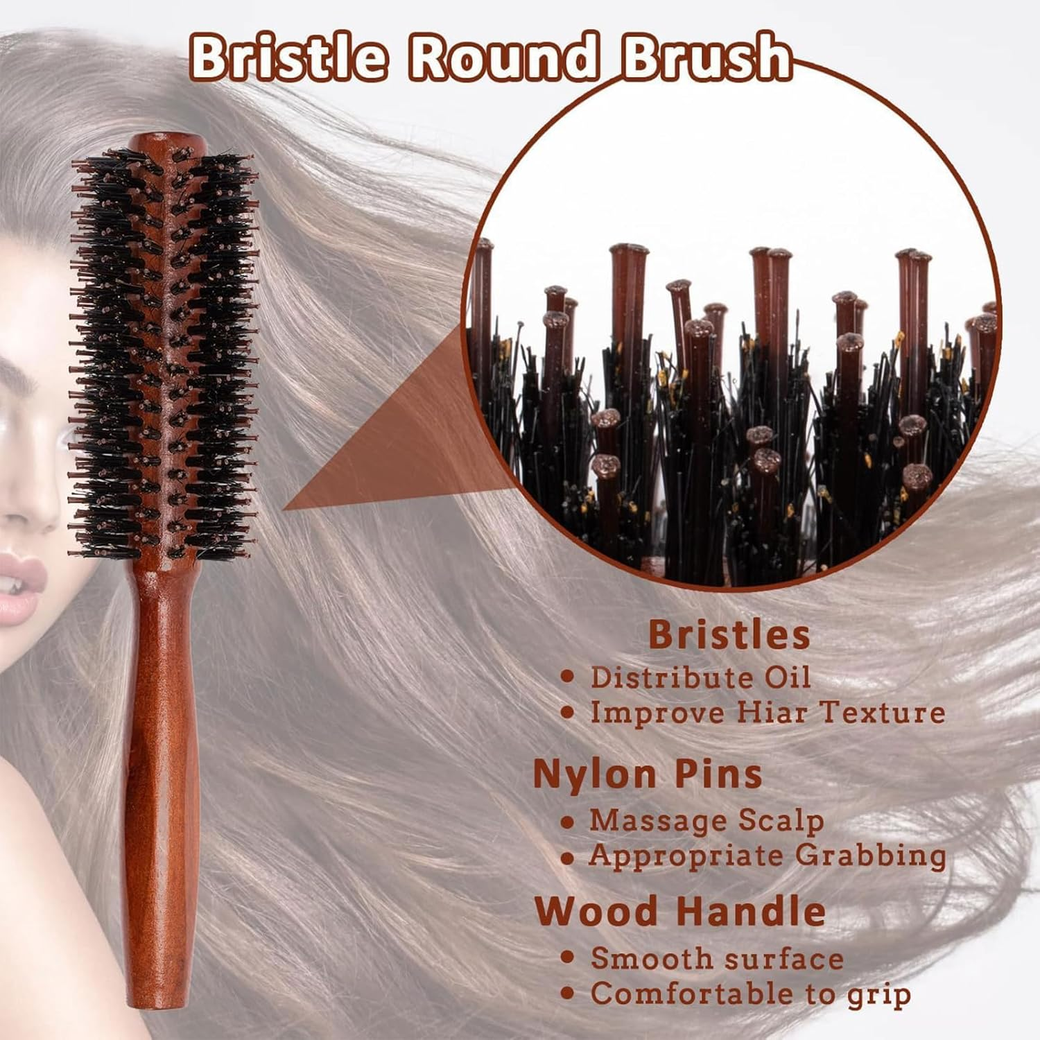 Kzvsiy 2 Pcs round Boar Bristle Hair Brush Set, Wooden Handle round Styling Brush, Boar Mane Bristle Brush for Hair and Beard, Sleek Brush for Men & Women, Perfect for Slicking and Grooming image number 4