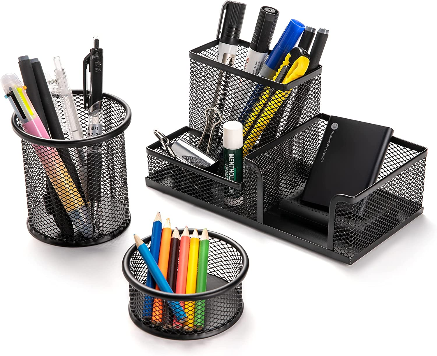 Desk Organisers Set with Pen Holder, Metal Mesh Pencil Holder for Office Desktop Storage and Organise, Desk Drawer Organizer for Small Desk Accessories and Stationeries, Back to School Gifts