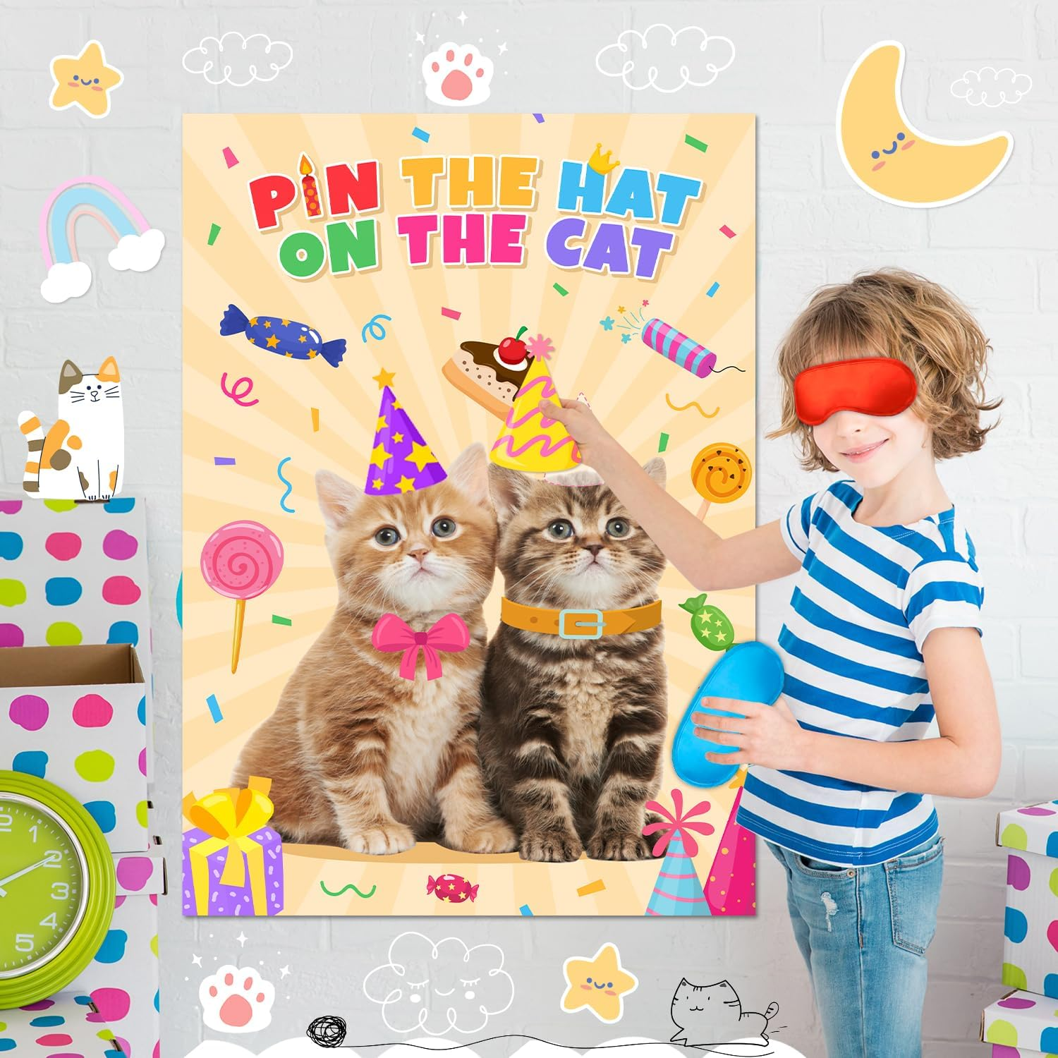 Pin the Hat on the Cat Party Games, 7 Pcs Cat Birthday Party Games Kit - Games Poster, Birthday Hat Stickers Etc Decorations Supplies image number 3