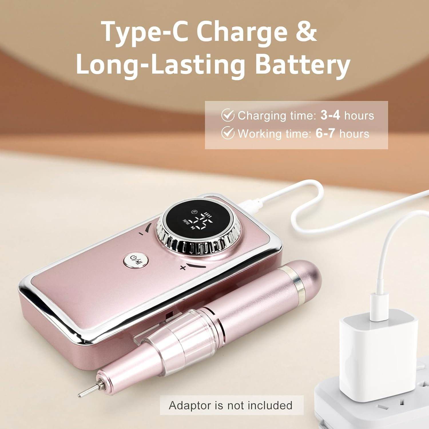 Madenia Rechargeable Nail Drill Machine: Professional Electric Nail Files USB E File for Acrylic Nails Gel, 35000RPM Adjustable Speed Manicure Machine with 6 Drill Bits and 56 Sanding Bands, Pink image number 1