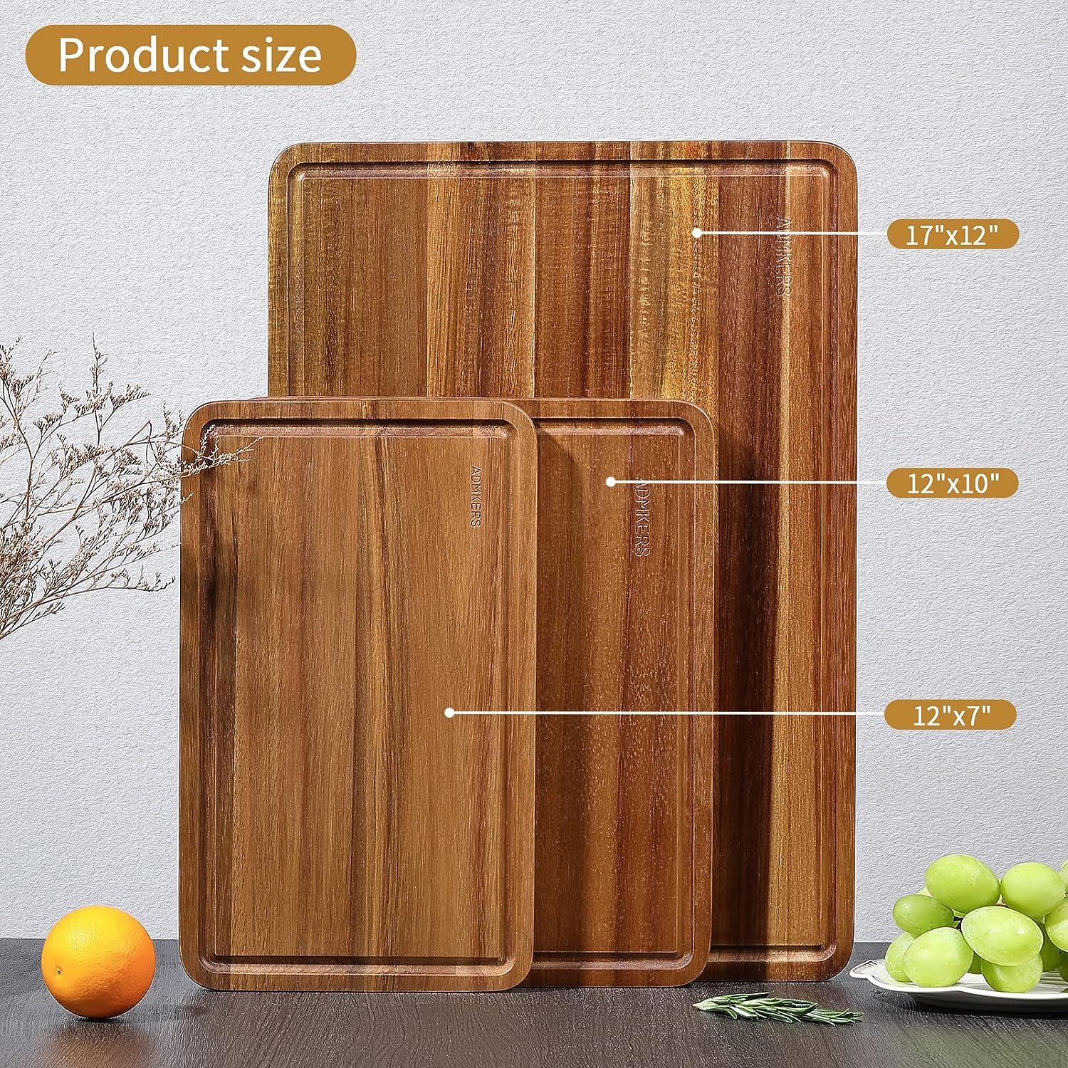 Wood Cutting Boards Set of 3 for Kitchen, Thick Chopping Board, Large Wooden Cutting Board Set with Deep Juice Groove and Handles, Wooden Trays for Meat, Fruit and Cheese image number 5