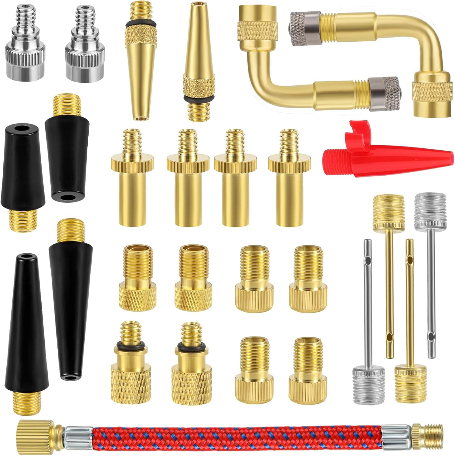 28Pcs Bicycle Valve Adapter Set, Brass Bike Tire Valve Stem Adapter Inflation Kit Accessories for Standard Pump or Air Inflatable Attachment Compressor for Presta Schrader image number 2