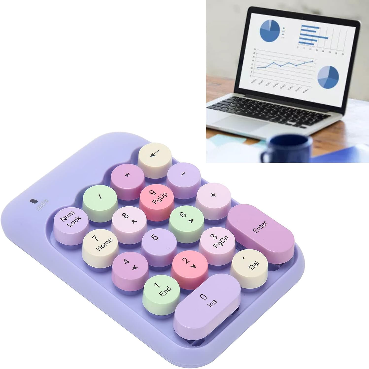 Wireless Number Pad, 2.4Ghz Wireless Numeric Keypad 18 Keys Colorful Retro Portable Number Pad with USB Receiver, Financial Accounting Keyboard Extensions for Laptop (Purple Theme) image number 1
