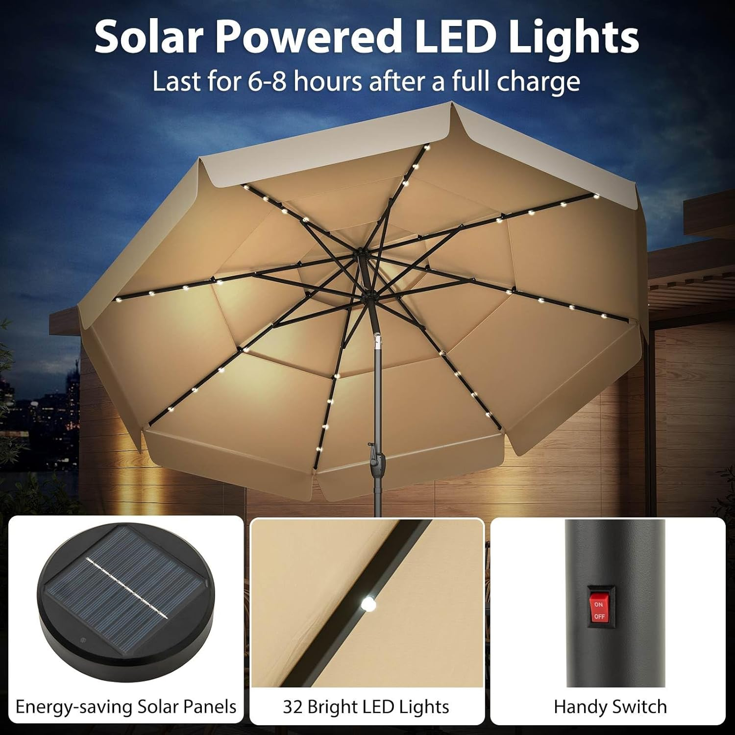 Costway 3M Solar Patio Umbrella W/ 32 LED Lights, 3-Tier Vented Top, Ruffles, Tilt Adjustment, Easy Crank, 8 Ribs, Outdoor Yard Poolside Deck Beach Lawn Market Sunshade, Heavy-Duty Table Parasol - Taupe image number 5