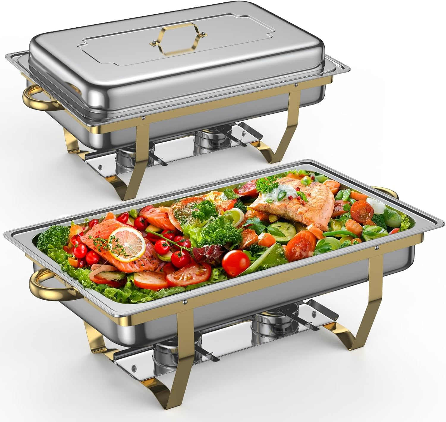 5.5QT Chafing Dishes for Buffet 2 Pack, round Stainless Steel Chafer for Catering, Upgraded Chafers and Buffet Warmer Sets with Food & Water Pan, Gold Frame, Fuel Holder for Any Events