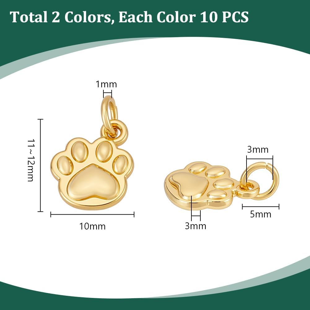 PH Pandahall Pack of 20 2 Coloured Brass Charms Pendants with Dog Paw Print and Jump Ring 18 K Gold-Plated Pendant for Making Jewellery and Necklaces image number 4