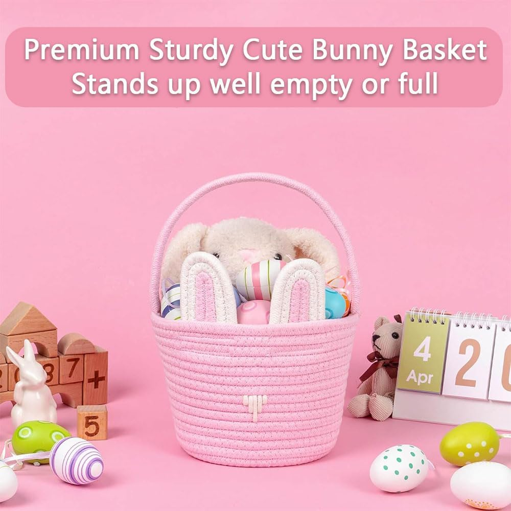 Bunny Basket Set for Kids & Babies &ndash; 2-Piece Handwoven Cotton Rope Easter Baskets with Ear Design &ndash; Soft & Safe for Egg Hunt, Ideal for Girls, Boys & Toddlers (Pink & White) image number 2