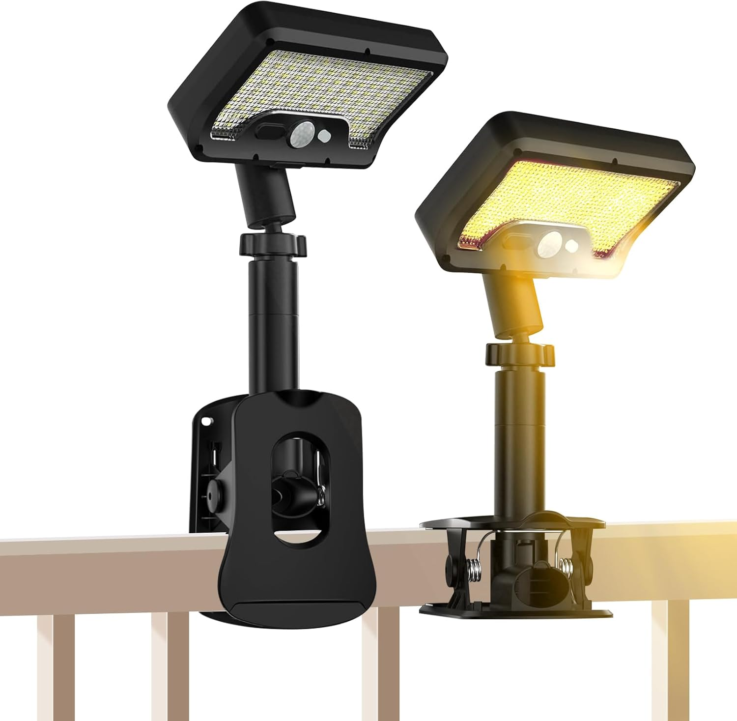 Pacify Clip on Solar Lights Outdoor 92 Leds 600LM Bright Solar Fence Lights with Motion Sensor, 360&deg; Rotatable IP65 Waterproof 3 Modes Powered Clamp Light for Deck Gutter Patio (2 Pack White Light)