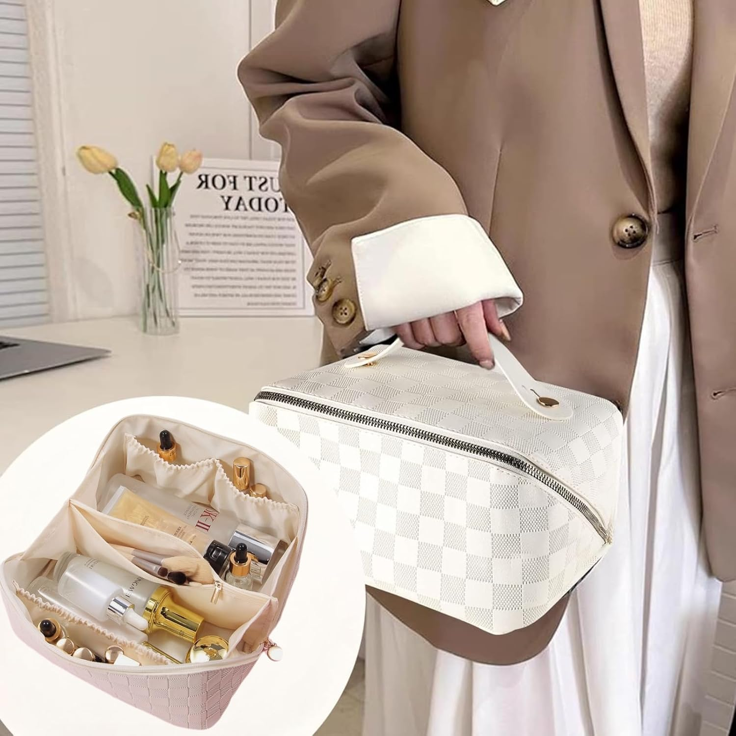 Makeup Bag, Large Capacity Storage Cosmetic Bag,Multifunctional Portable Wash Pouch for Women Travel Storage Bag Skin Care Cosmetics Toiletries image number 2