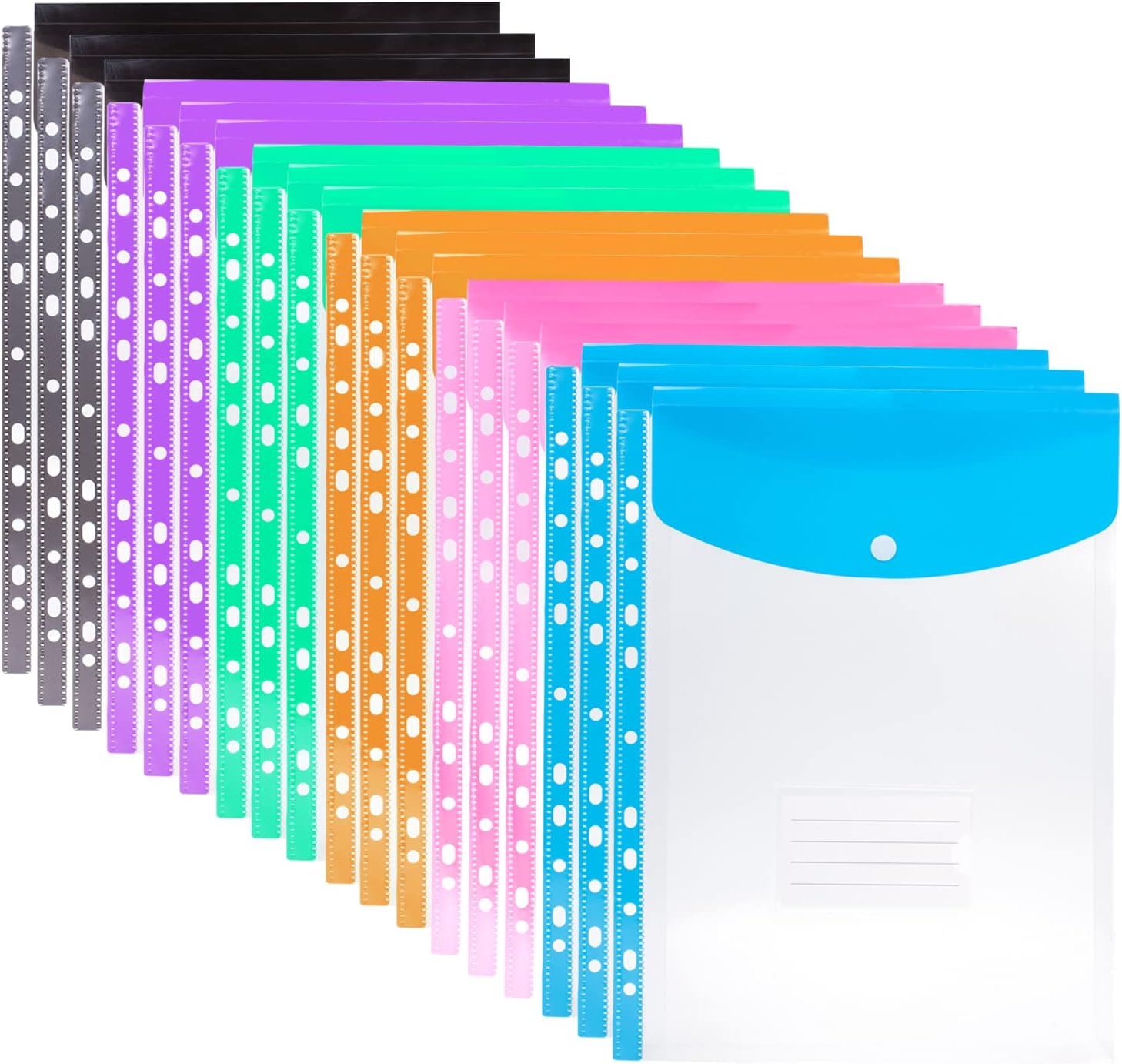 Plastic A4 Punched Pockets - 18PCS Expandable Folders Document Files with Button Closure and Label Pocket for Home, Office and School, Assorted Colours