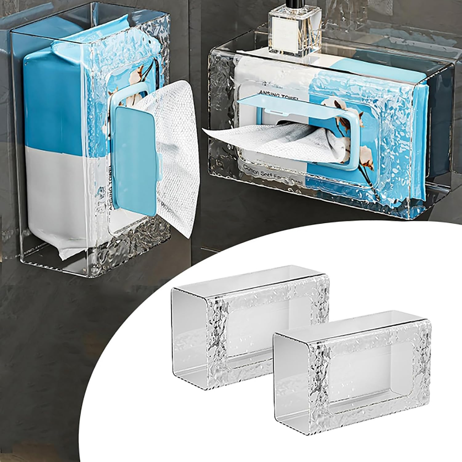 Wall Mounted Tissue Box Holder, No Punching Self-Adhesive Wipes Holder for Bathroom,Clear Acrylic Tissue Box Holder,Wet Wipes Dispenser for Kitchen Toilet,Waterproof (Transparent 1 PCS)