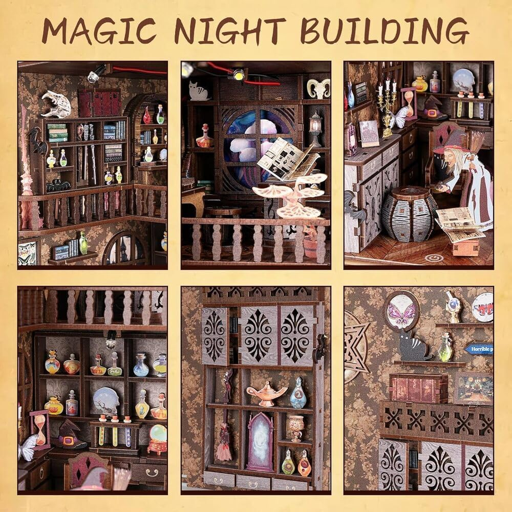 Book Nook Kit, DIY Miniature, Dollhouse Booknook Kit with Led Light, 3D Wooden Bookshelf Puzzle Decor Gifts for Family and Friends (Magic Night) image number 6