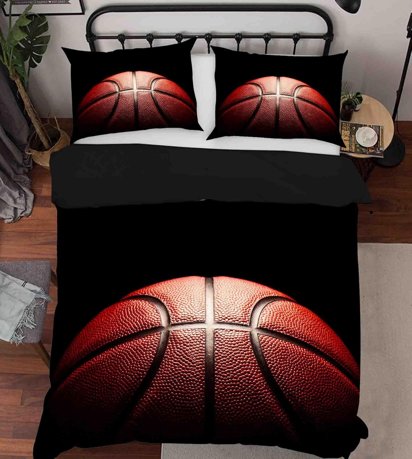 3D Black Basketball Sports Quilt Cover Set Bedding Set with Pillowcases, Single/Double/Queen/King Size (Super King) image number 1