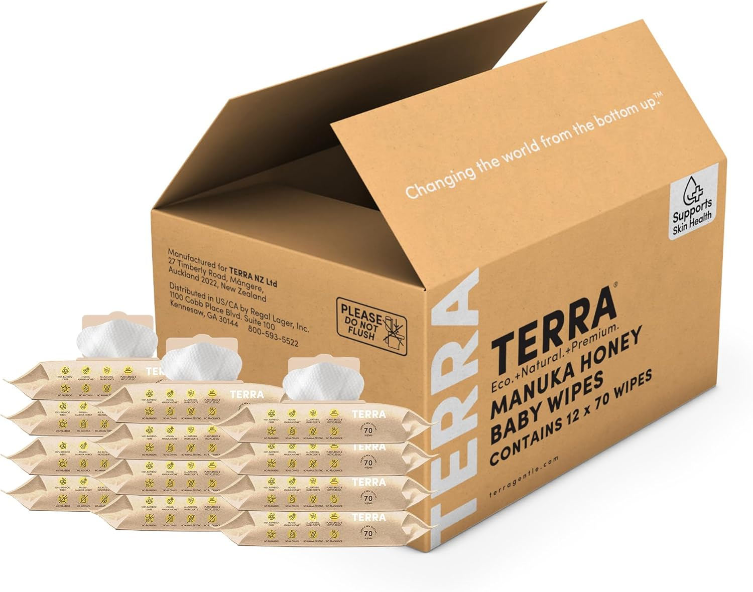 Terra Bamboo Baby Manuka Honey Wipes &ndash; 99.5% Pure New Zealand Water, 100% Biodegradable Bamboo Fiber, 0% Plastic, Unscented, Suitable for Sensitive Skin &ndash; 12 Packs of 70 Wipes image number 2