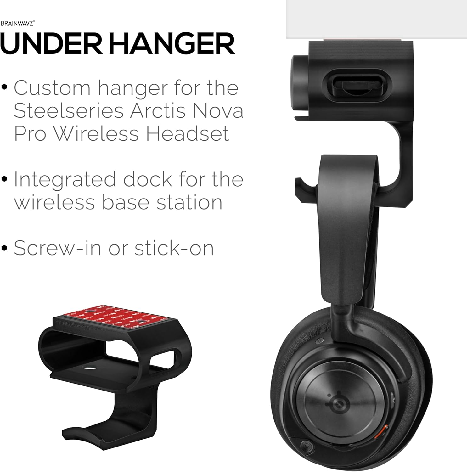 Under Desk Headphone Hanger Stand for Steelseries Arctis Nova Pro Wireless Headsets with Dock for the Wireless Base Station by Brainwavz (HPS02) image number 5