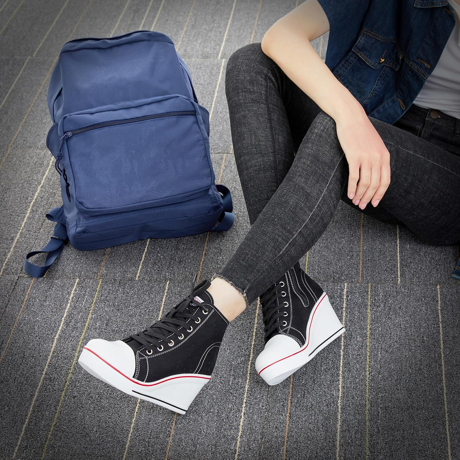 Hurriman Women'S Wedge Sneakers High Heel Canvas Shoes Lace up High Top Side Zipper Fashion Sneakers