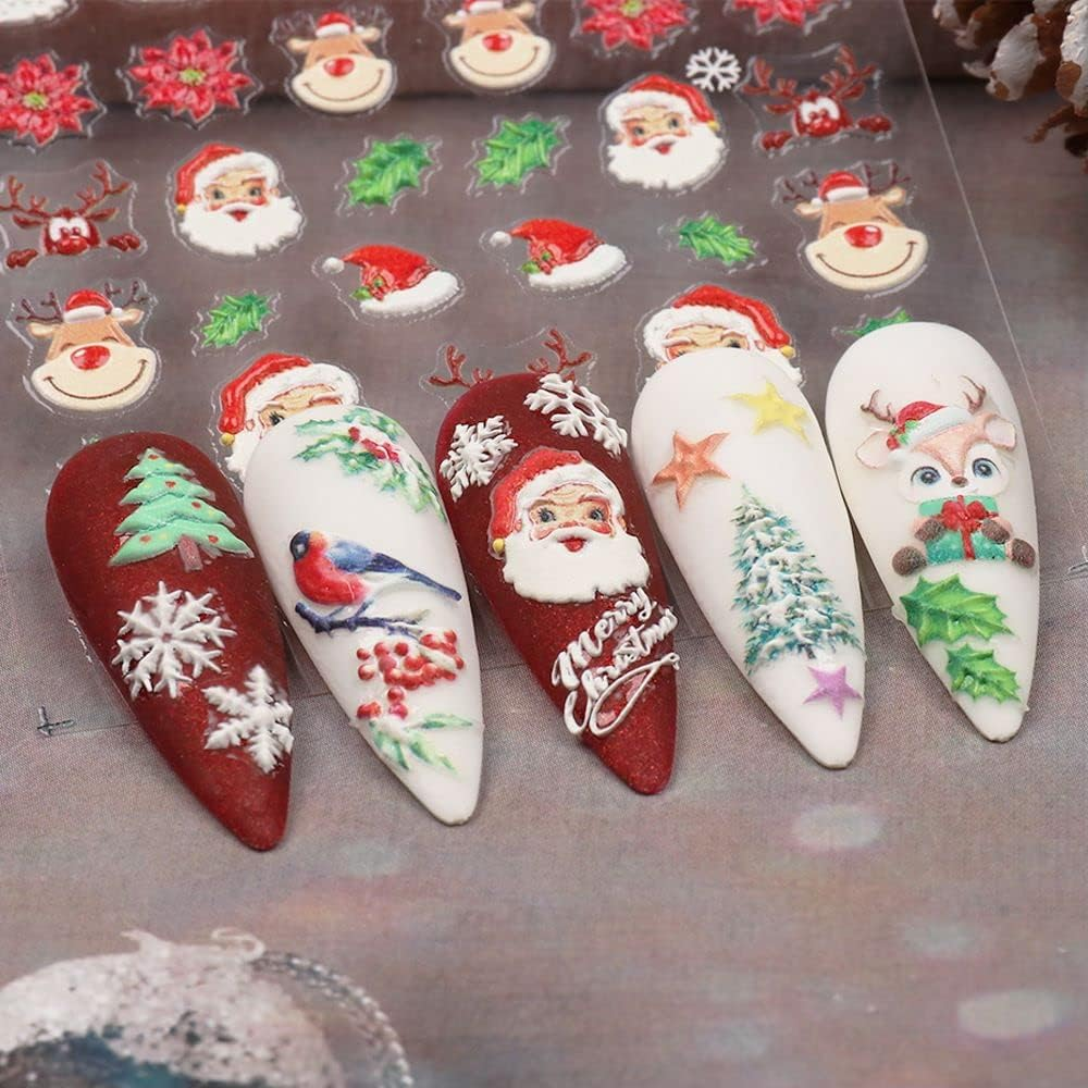 3D Embossed Christmas Nail Art Stickers Decals 4 Sheets 5D Self-Adhesive Pegatinas U&ntilde;as Holiday Red Snowflakes Snowman Nail Supplies Nail Art Design Decoration Accessories - Flower image number 5