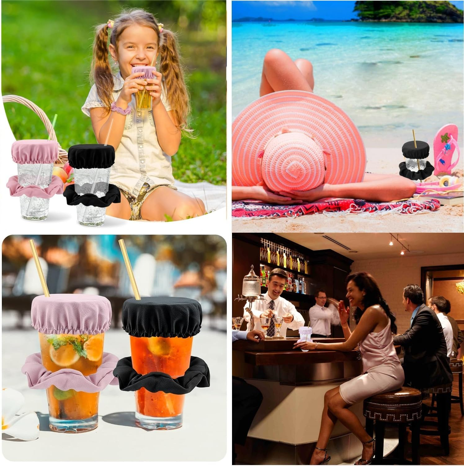 Hair Band for Drink Cover, Pack of 2 Hair Bands, Drink Cover, Scrunchie Cap, Hair Scrunchie, Anti-Spike Drink Lid, Scrunchies, Drink Protection with Straw Hole for Beach, Bar, Parties, Drinks And image number 4