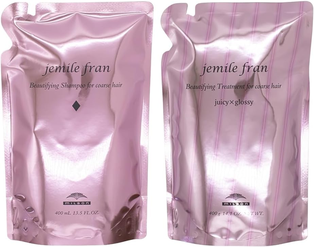 Milbon Gemile Franc Shampoo & Treatment (Diamond & Juicy Glossy) Moisturizing, 13.5 Fl Oz (400 Ml), 14.1 Oz (400 G), Refill Set, Assorted 2 Pieces image number 1