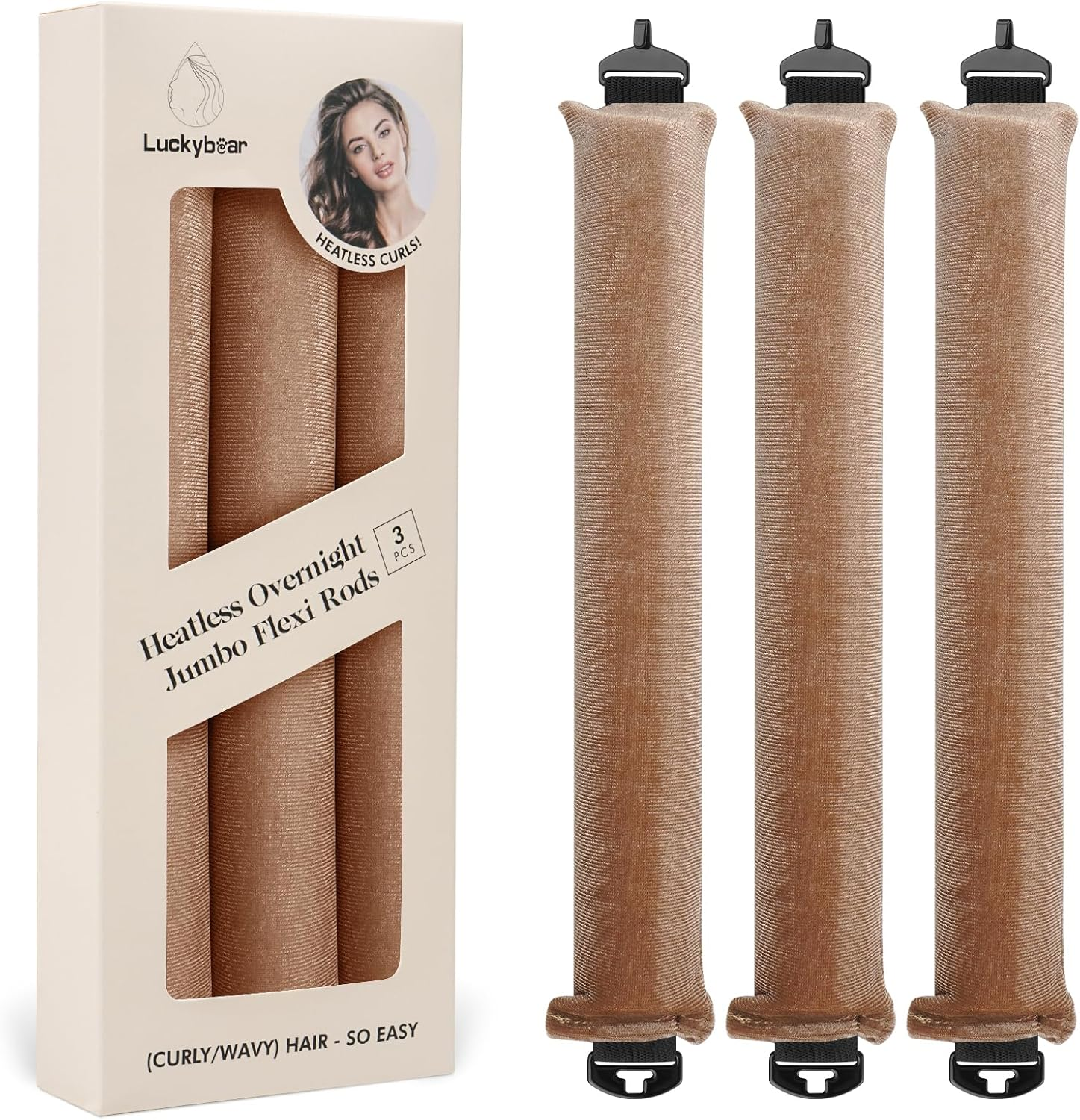 Overnight Heatless Hair Curler Blowout Rods Jumbo, Heatless Curls Satin Jumbo Flexi Rods to Sleep In,Soft Heatless Rod for All Hair Types,No Heat Overnight Sleeping Curls Styling Tools 3Pcs Khaki