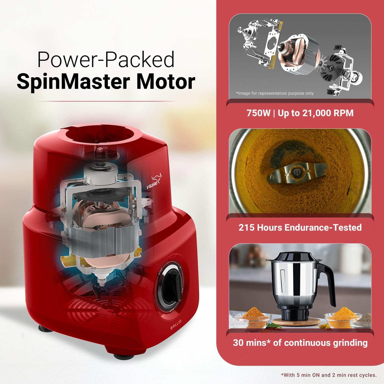 V-Guard Brillio 750 Watt Juicer Mixer Grinder, 3 Year Motor Coverage by V-Guard, 4 Jars(Chutney, Dry, Wet & Juicer), Sturdy Juicer Jar with Quadraflow Design, Precisionblend SS Blades | Mars Red image number 2