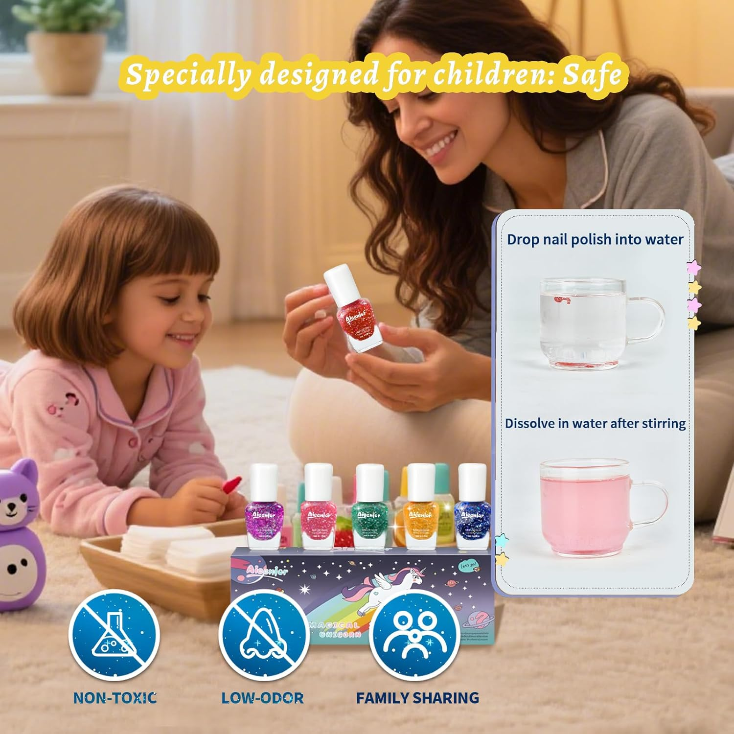 Aieenjor Quick Dry Kids Nail Polish Set, Glitter Non-Toxic Fingernail Polish for Toddler, Water-Based Peelable Nail Polish for Kids, 6 Color Rainbow for Kid Ages 3+ image number 6