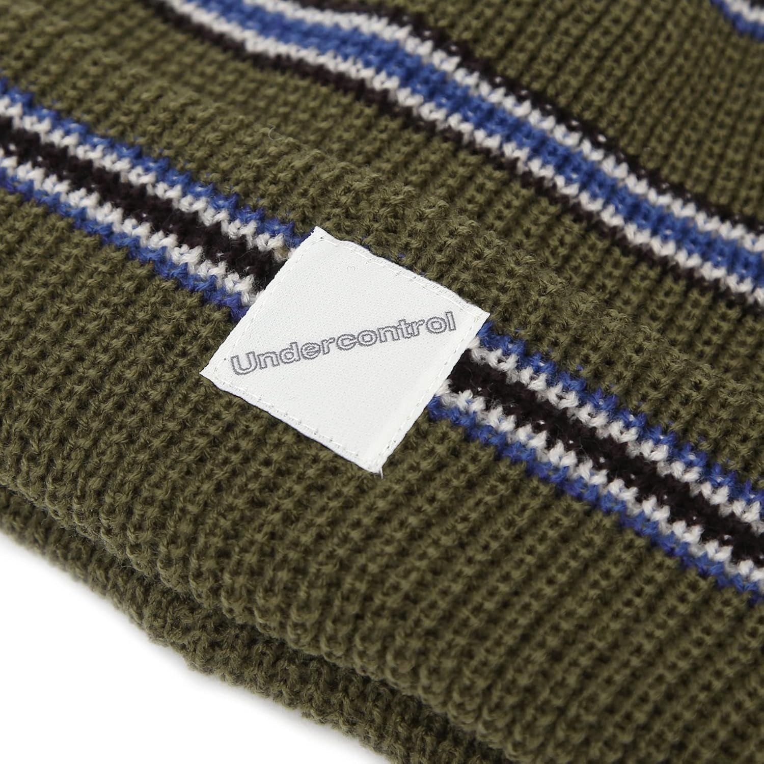 UNDERCONTROL Stripe Pattern Roll up Skullcap Warm Winter Watch Hats Thick Knit Cuff Square Logo Patch Unisex Fisherman Beanie