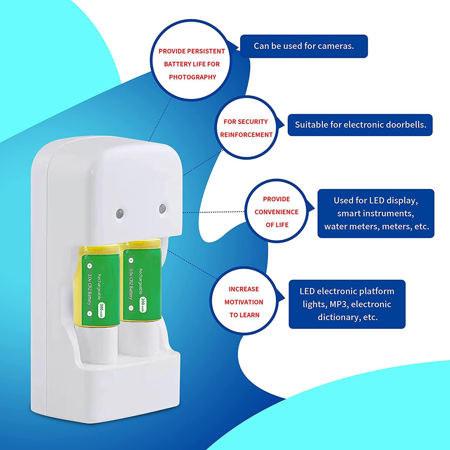 USB CR2 3.0V Charger Set CR2 3V Camera Battery CR15H270 USB Charger with 4Pcs 300Mah Rechargeable Battery for Instant Mini25 Camera Photo Sight Golf Rangefinder Disc Brake (4Cell) image number 1