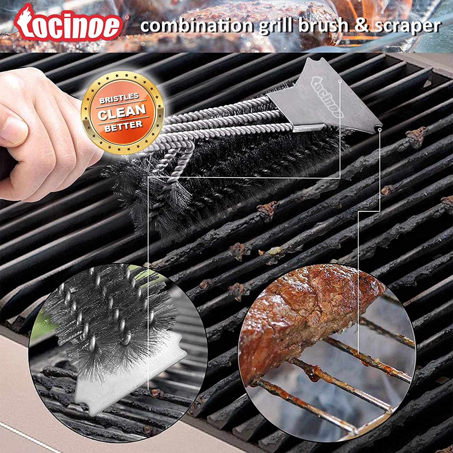 Grill Brush and Scraper - Extra Strong BBQ Cleaner Accessories - Safe Wire Bristles 18" Stainless Steel Barbecue Triple Scrubber Cleaning Brush for Gas/Charcoal Grilling Grates, Wizard Tool&hellip; image number 3