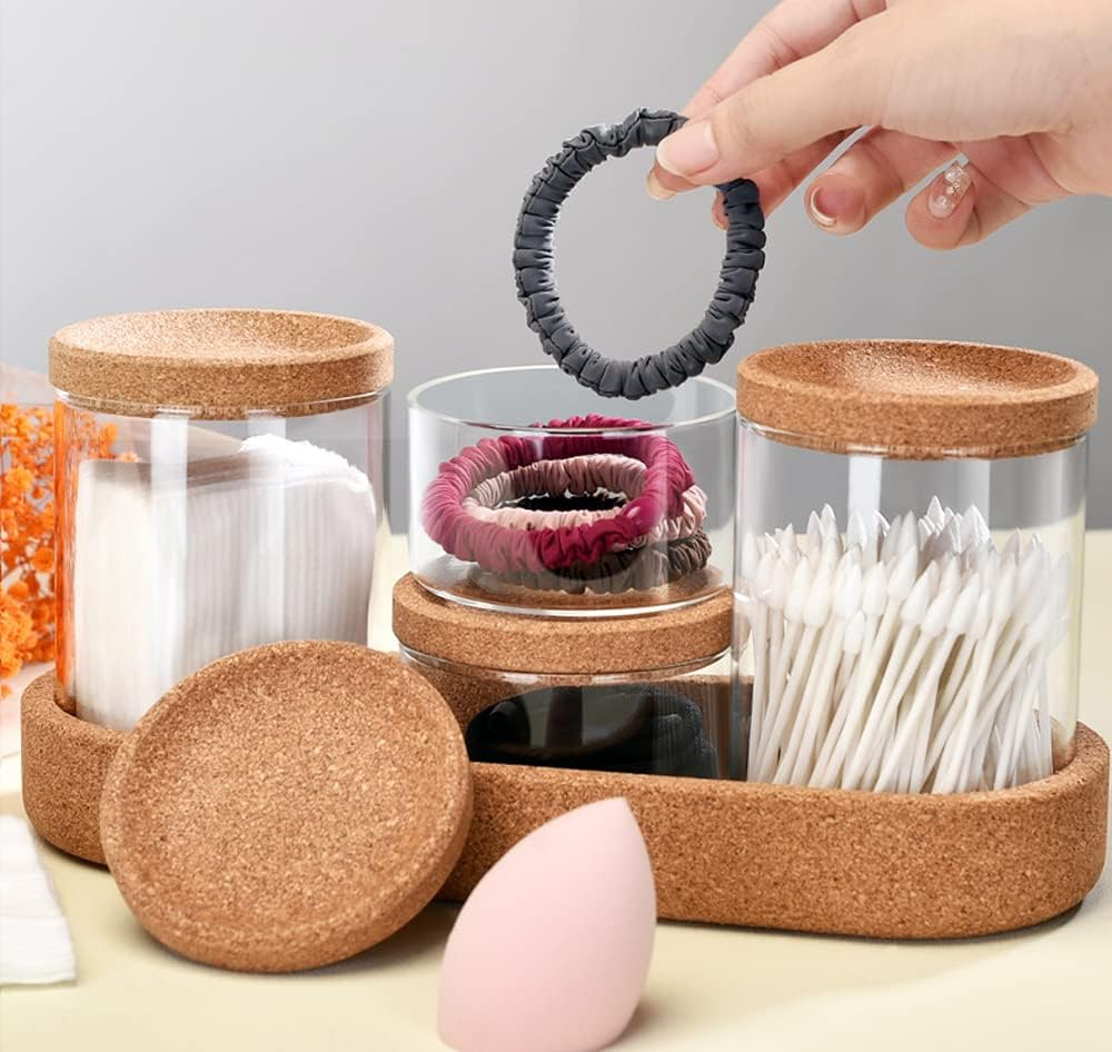 Bathroom Storage Organizer, 4 Pack Apothecary Glass Jars with Lids, for Cotton Swabs, Cotton Pads, Bath Salts, Makeup Sponges, and Hair Accessories(Glass&Tray) image number 3