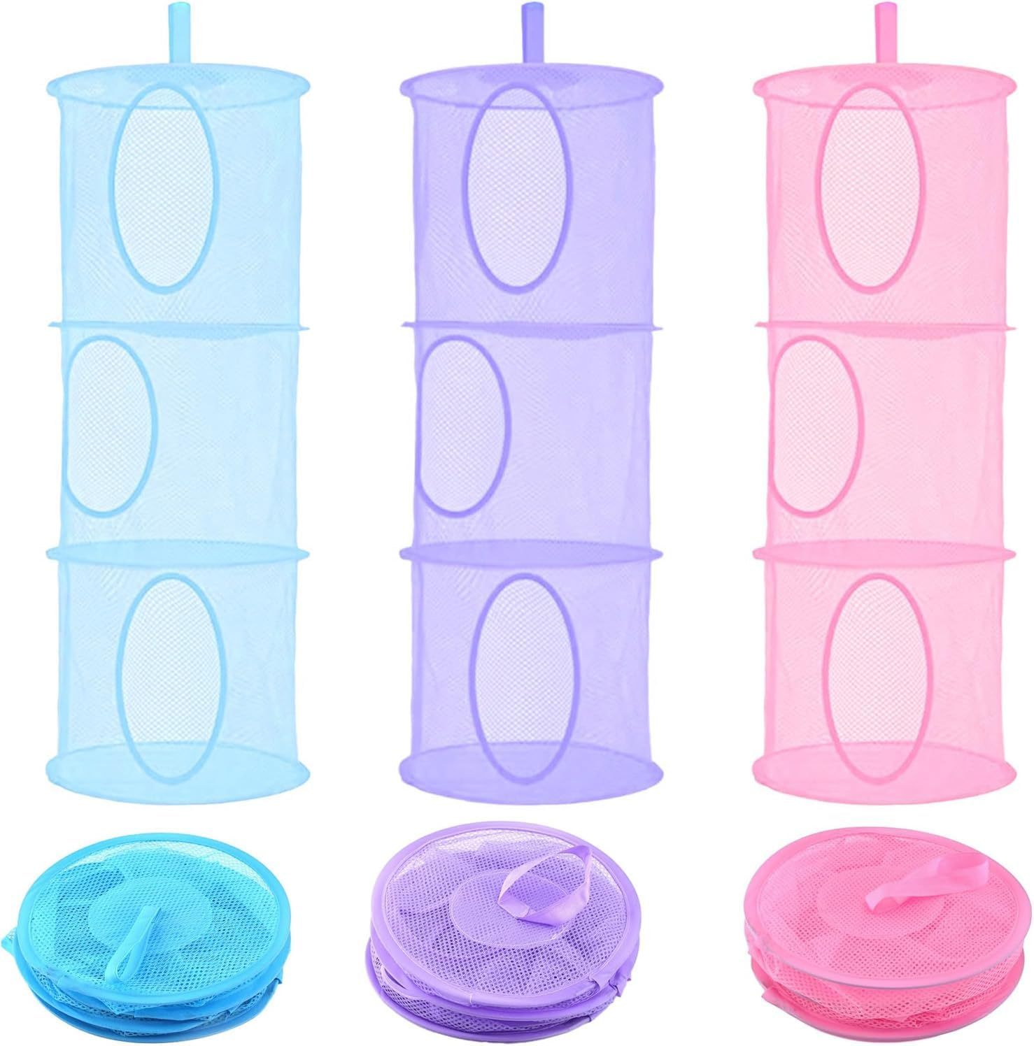 IONPSHG 3 Pack Hanging Mesh Space Saver Storage Bag 3 Tier Foldable Compartments Mesh Hanging Storage Organizer Large Capacity Toy Organizer Basket for Toys Small Clothes Home Bedroom Bathroom image number 3