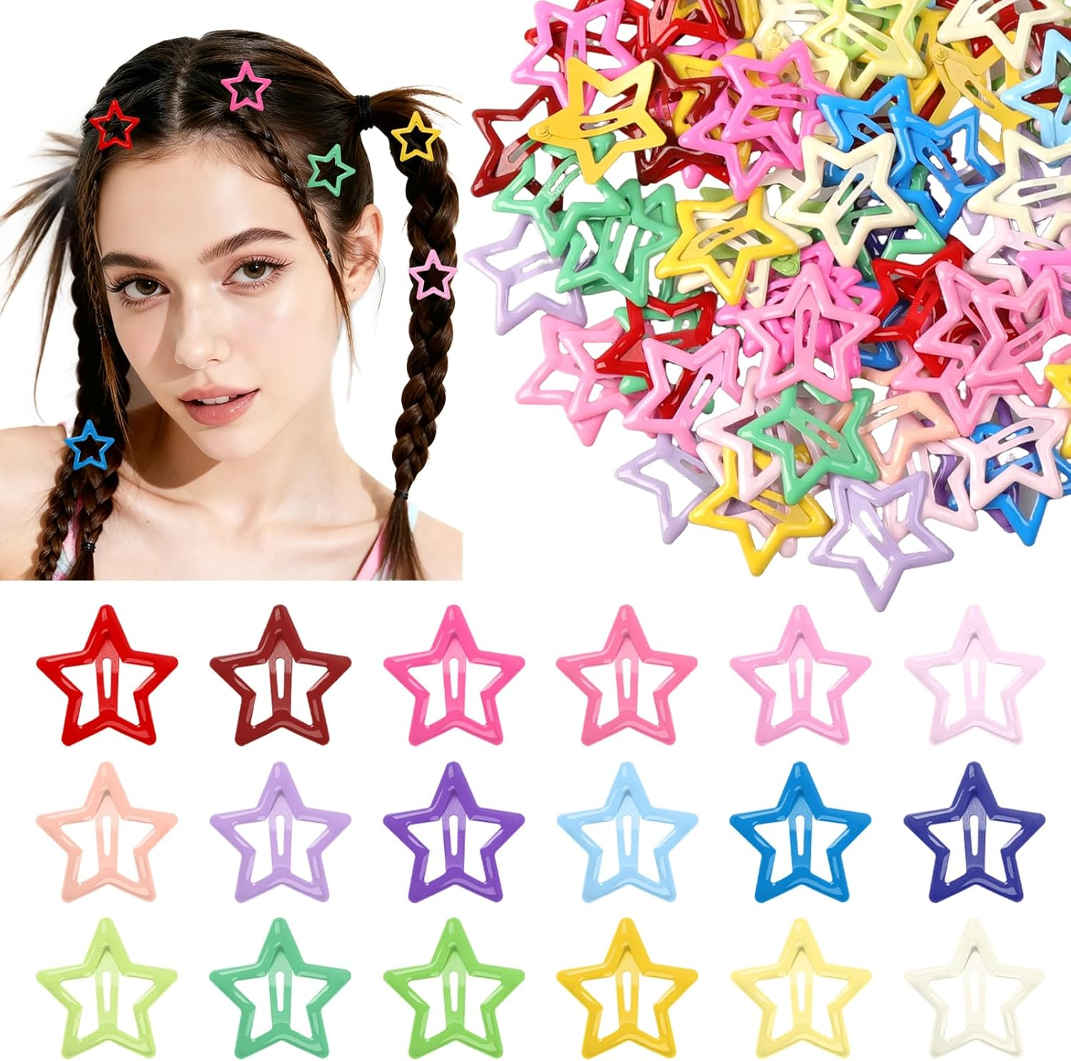 Pack of 100 Star Hair Clips, Colourful Hair Clips Stars Y2K Hair Accessories, 3.1 Cm Metal Pentagram Hair Clips, Non-Slip Hair Clips with Hollowed Stars, Cute Hair Accessories for Girls Women image number 1