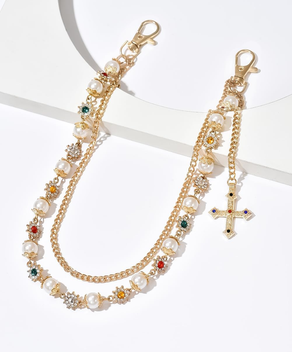 Layered Cross Pants Wallet Chains for Women Exquisite Gold Silver Crystal Pearl Jean Pocket Chain Bag Purse Charms Punk Jewelry for Women Men - Silver Link image number 2