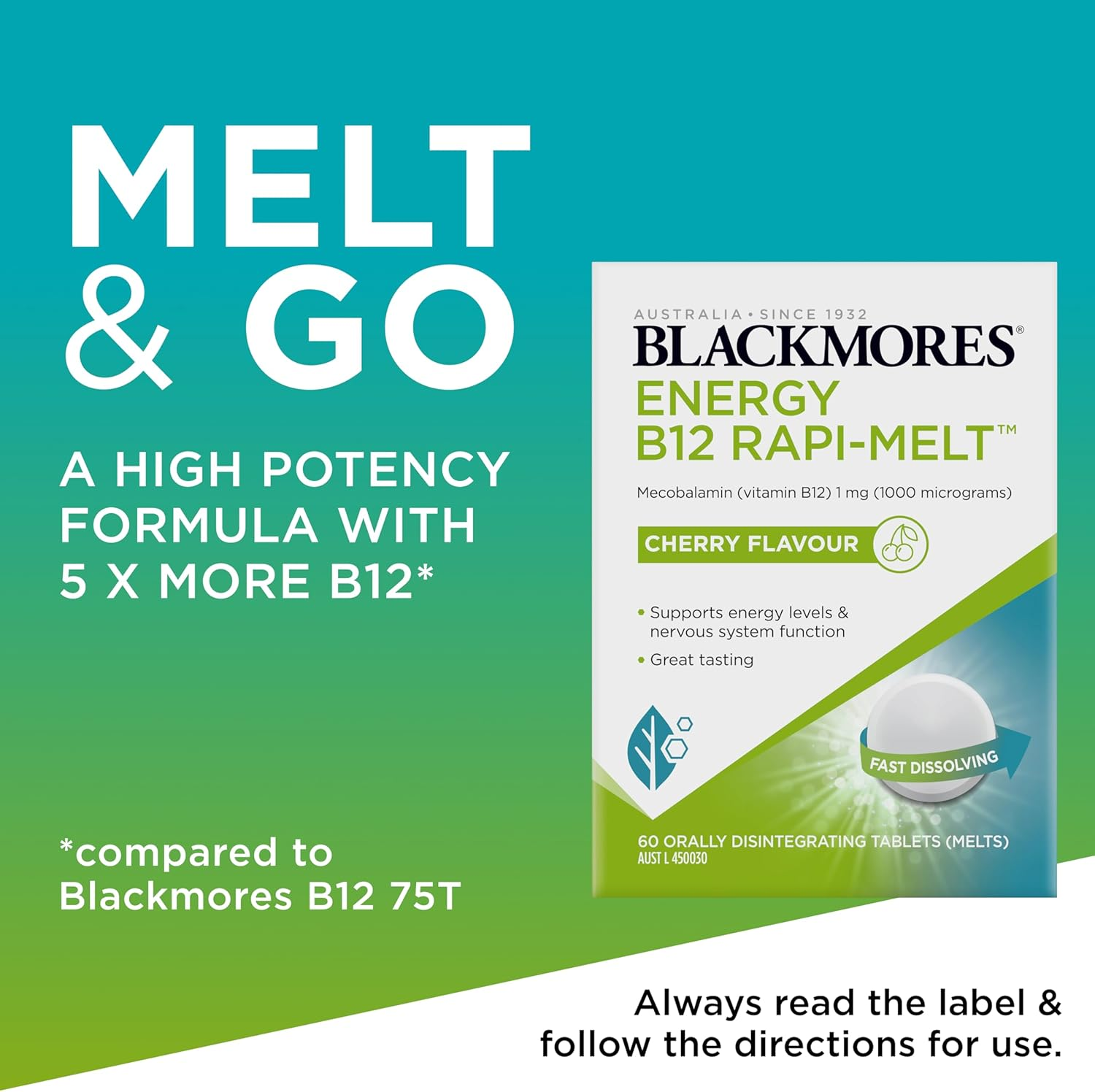 Blackmores Energy B12 Rapi-Melt | Supports Energy Levels and Nervous System Function | Cherry Flavour | 60 Melts image number 5