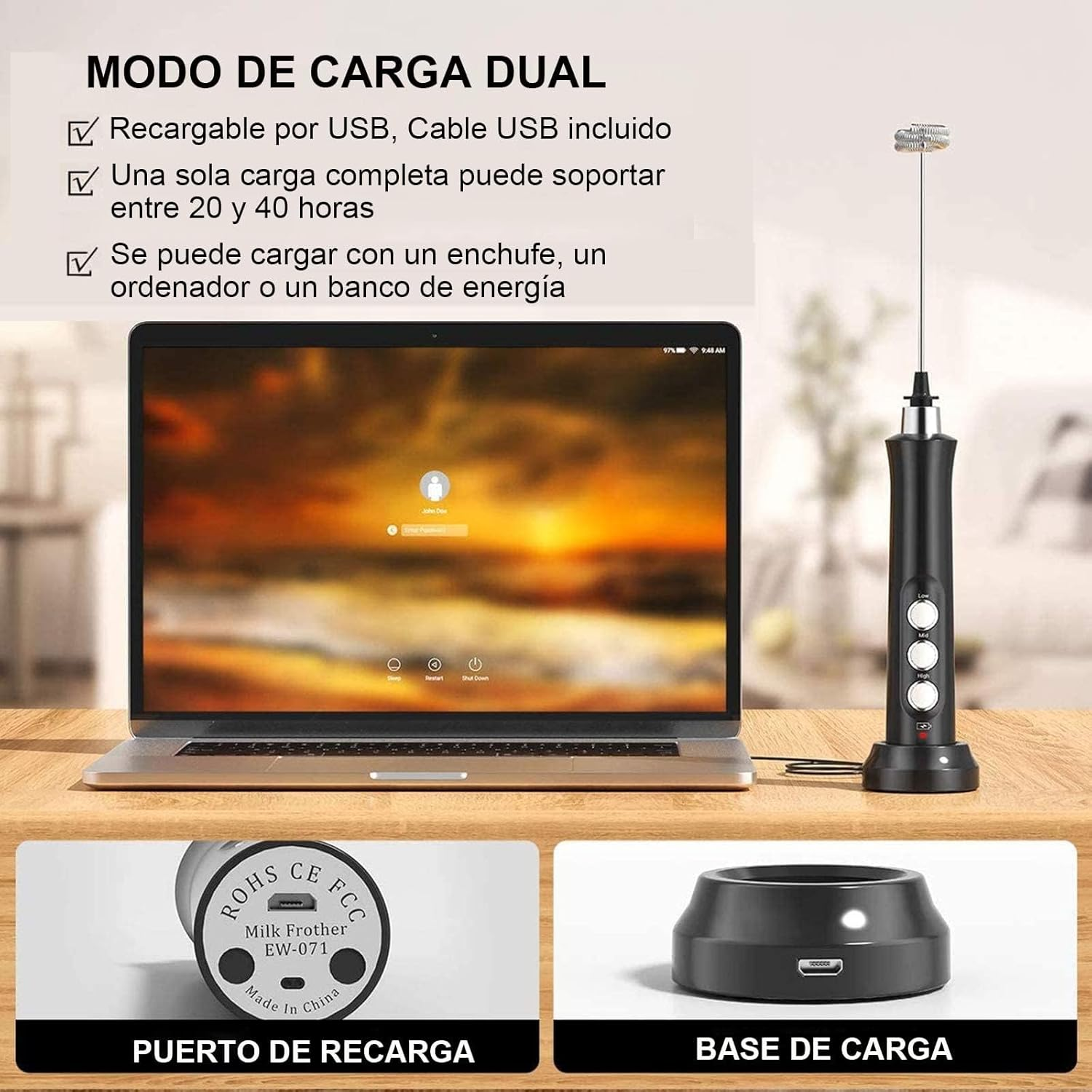 Milk Frother Handheld, USB Handheld Coffee Frother Rechargeable Electric Whisk Foam Maker with 3 Heads, 3 Gear Adjustable Speeds Mini Milk Foamer for Latte, Cappuccino, Coffee, Hot Chocolate, Matcha image number 2