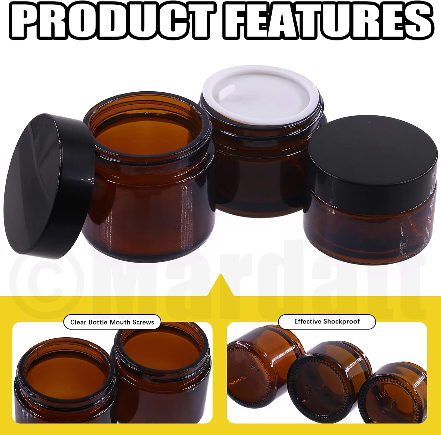 15PCS round Amber Glass Jars, 1/1.7/2 OZ Mason Jar Amber Cosmetic Containers with Spoons and Black Lids, Glass Candle Jars for Storing Lip and Cream Lotion