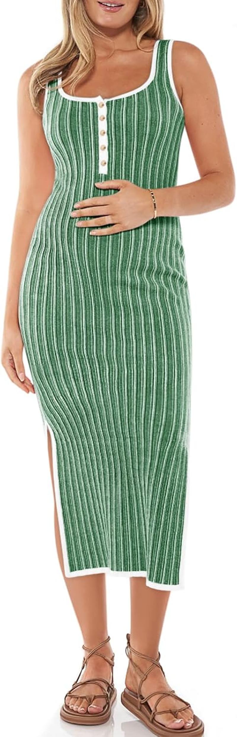 Summer Maternity Dress Rib Knit Sleeveless Button Bodycon Nursing Dresses Side Slit Stretchy Pregnancy Clothes