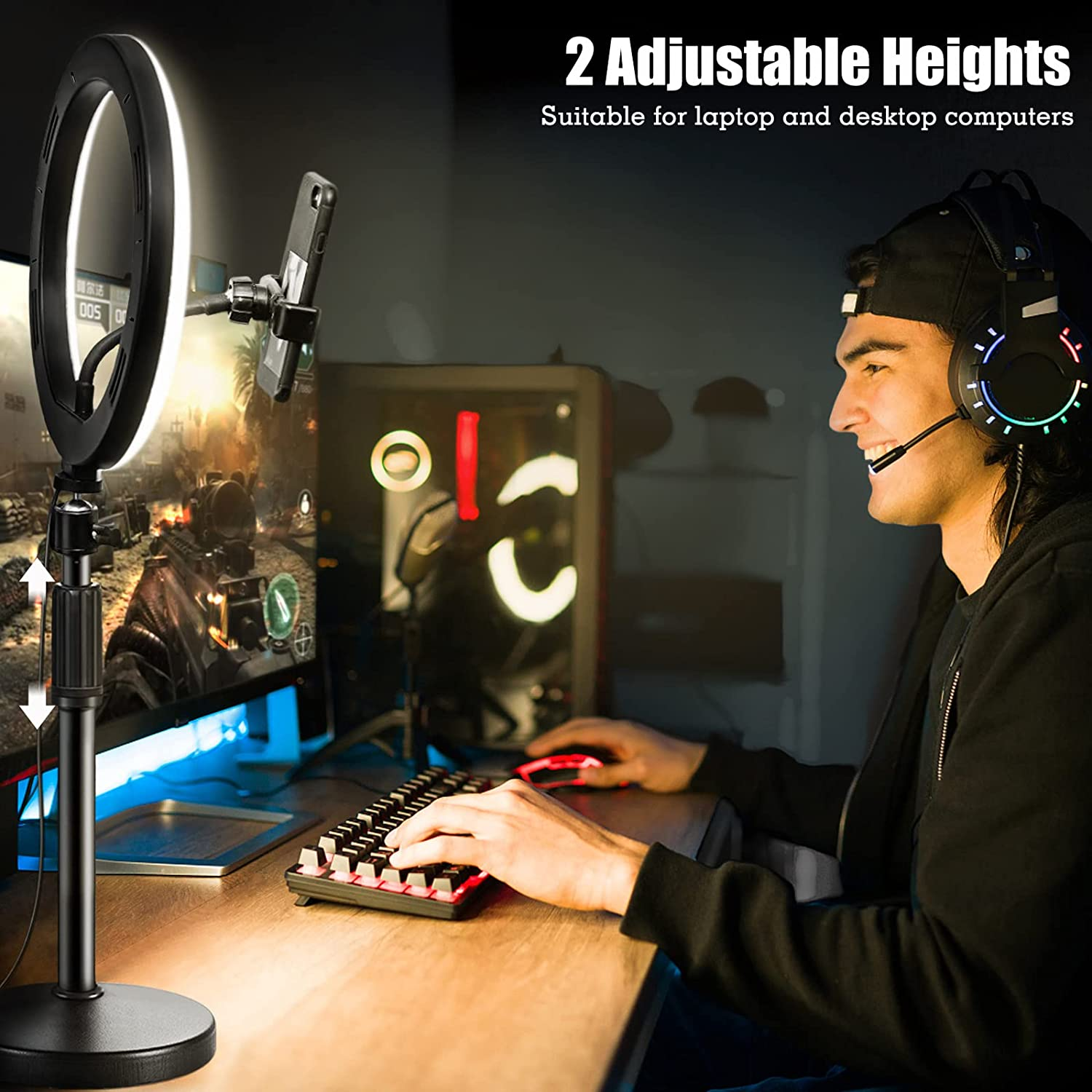 Selfie Ring Light with Stand and Phone Holder, 10'' Dimmable Desktop LED Circle for Laptop,Computer, Lighting Kit Gifts Live Streaming/Laptop Video Conference/Chat/Makeup/Youtube/Tiktok/Vlog image number 2