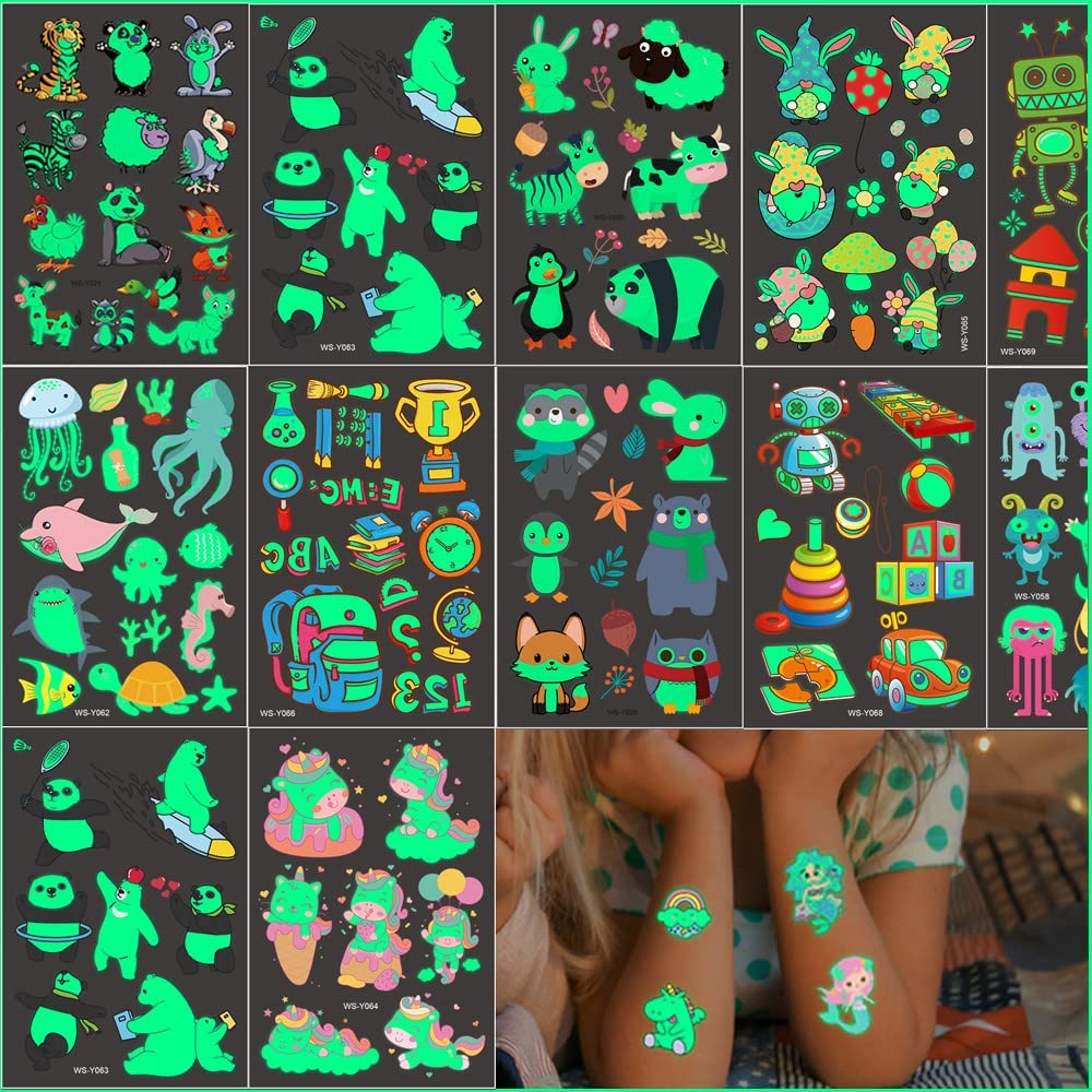 30 Sheets Luminous Tattoo Stickers,Lot Luminous Tattoo Face Temporary Color Unicorn Mermaid Dinosaur Tattoo Child Cute Tattoo Sticker Body Tattoo for Kids image number 2
