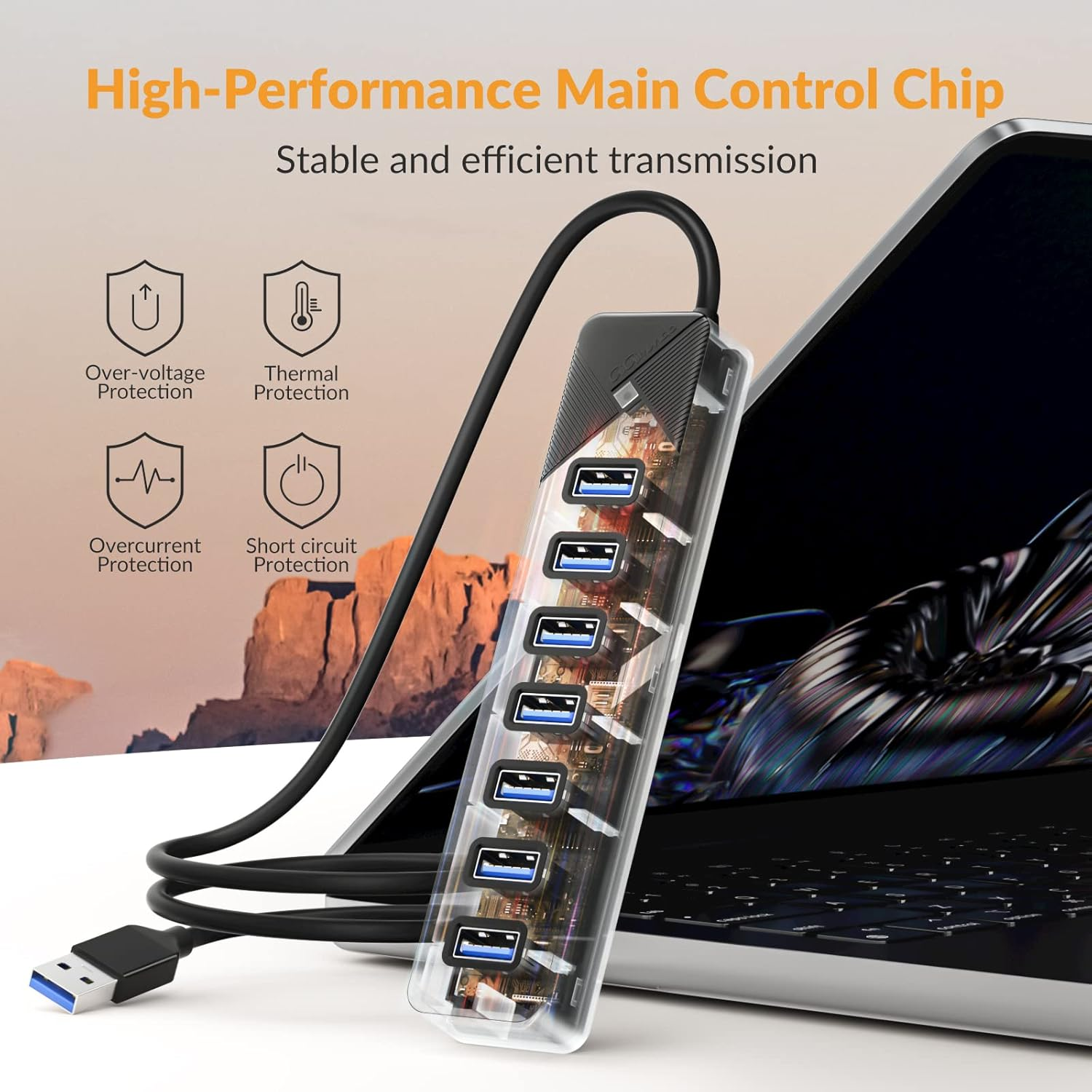 Gigimundo PG7U USB Hub 3.0, 7-Port USB Distributor, 50 Cm Cable with 5V/3A Power Input, Multiple USB Connector for PC Laptop, Older Macbook, PS4, PS5, Flash Drive, Keyboard, Mouse, GGM-PG7U-U3-50